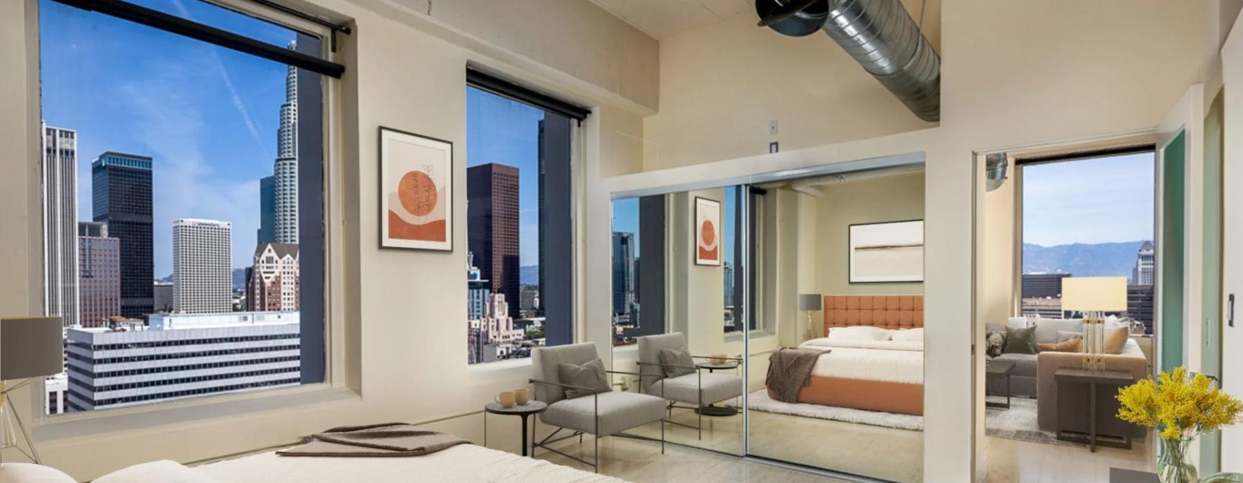 a living room with a large window