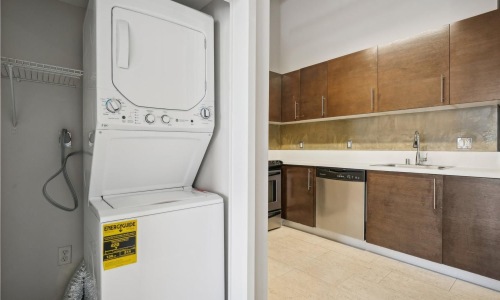 a kitchen with a refrigerator