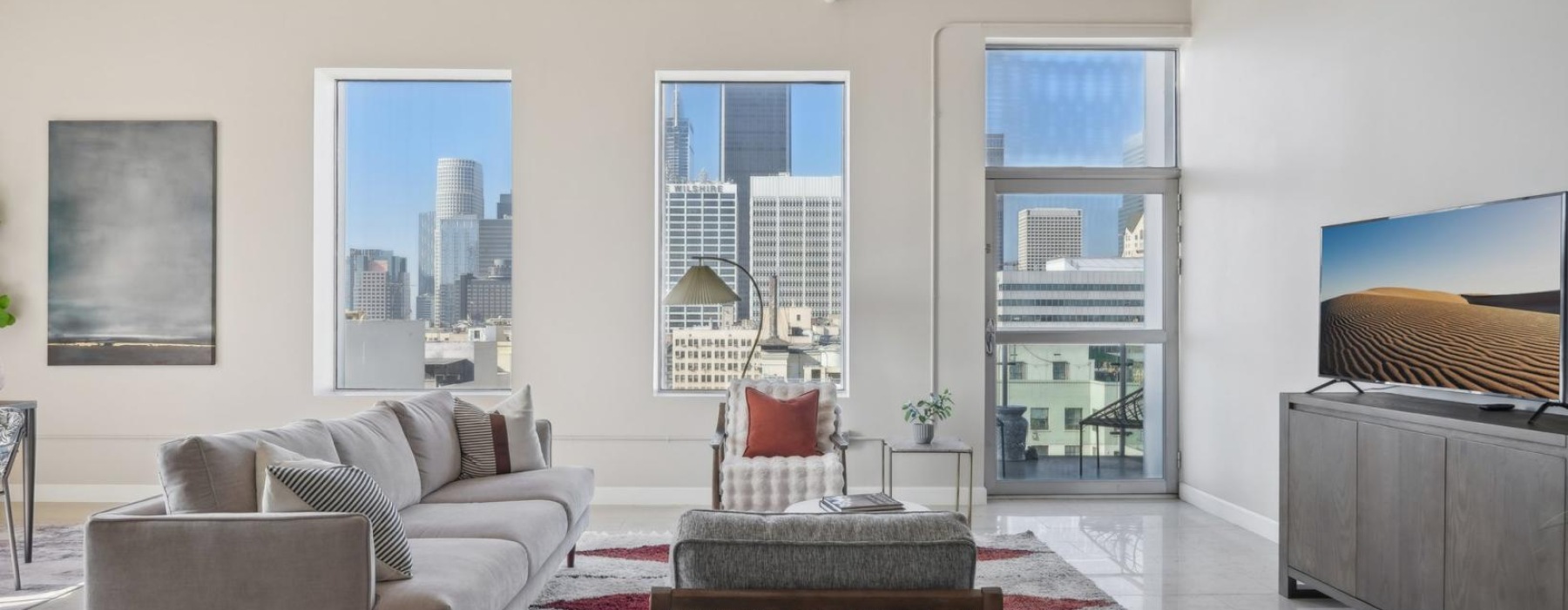 a living room with a large window